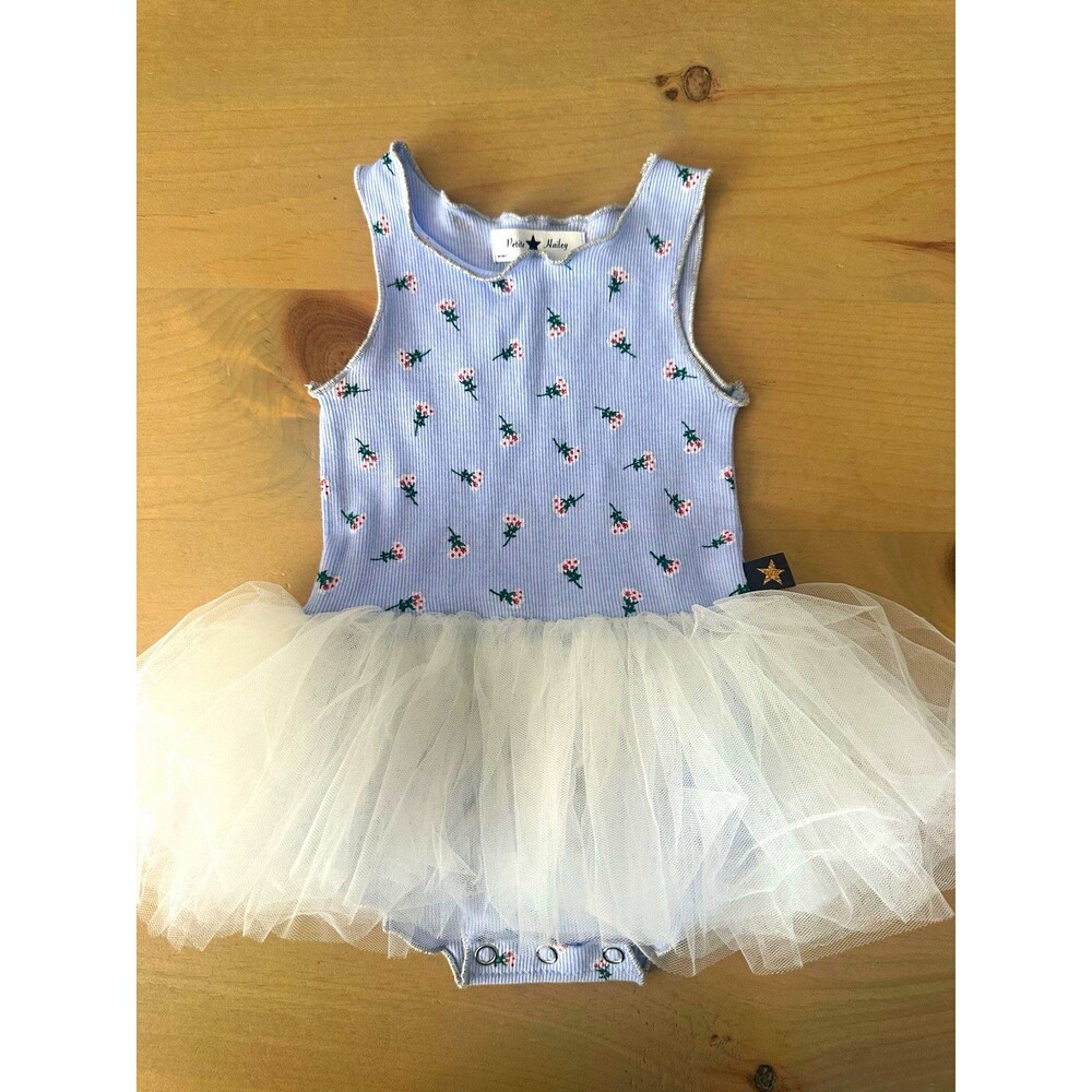 Petite Hailey 3M Blue White Floral Sleeveless Tulle Romper One-Piece Snap